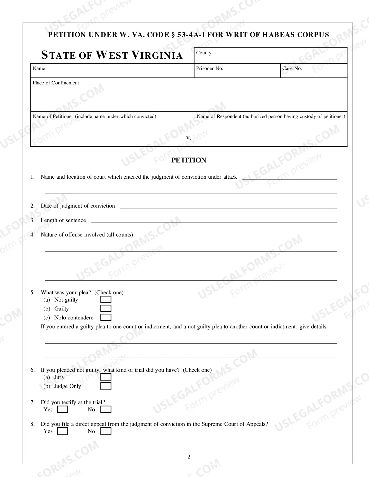 Preview Appendix A Post-Conviction Habeas Corpus form Petition for Writ of Habeas Corpus Ad Subjiciendum Under W. Va. Code Section 53-4A-1