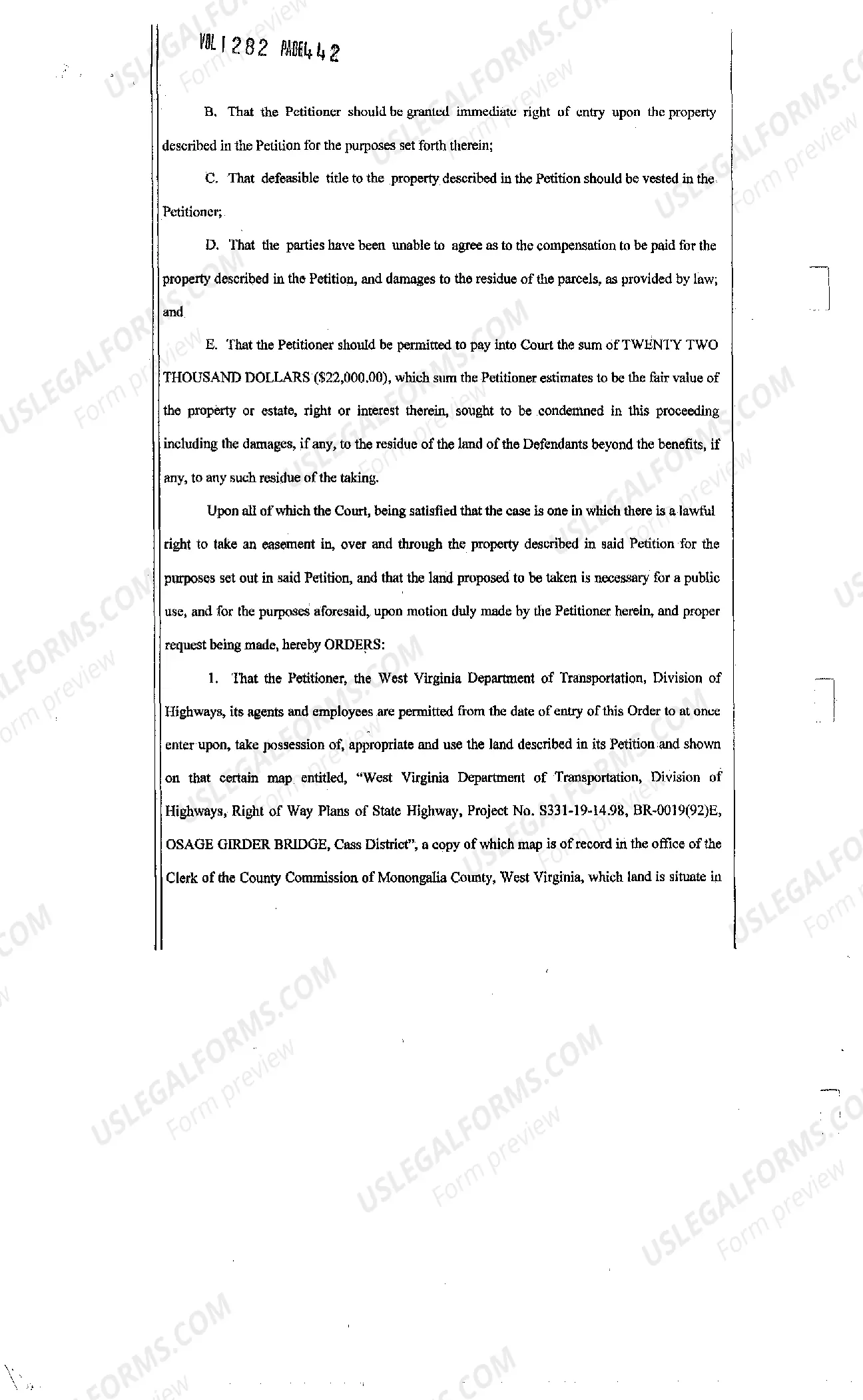 Preview Order Granting Immediate Right of Entry, Vesting Defeasible Title in Petitioner, Permitting Payment Into Court and Setting Date for Appointment of Commissioners
