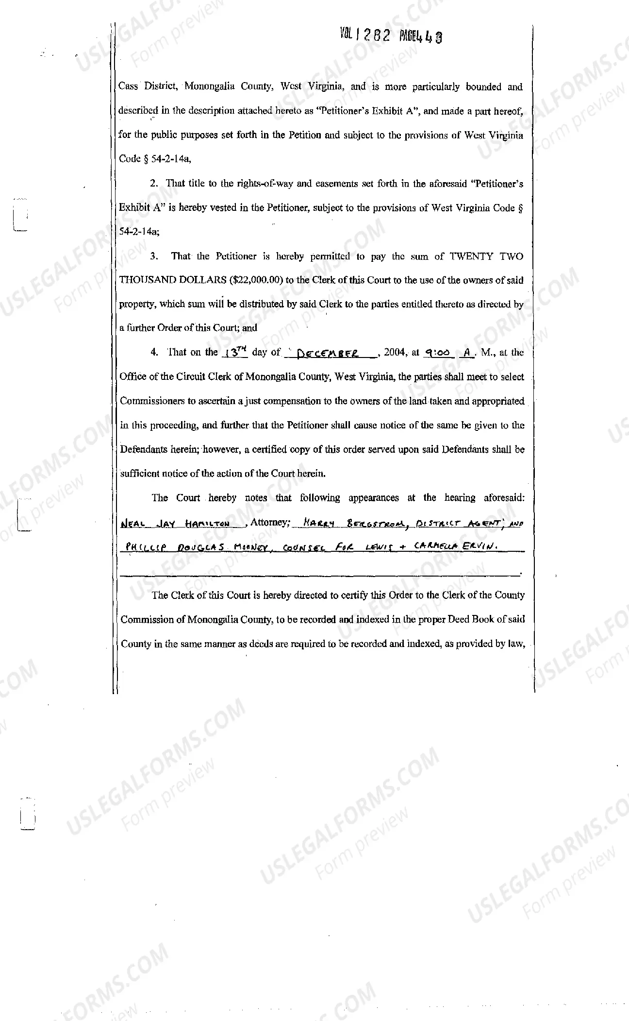 Preview Order Granting Immediate Right of Entry, Vesting Defeasible Title in Petitioner, Permitting Payment Into Court and Setting Date for Appointment of Commissioners