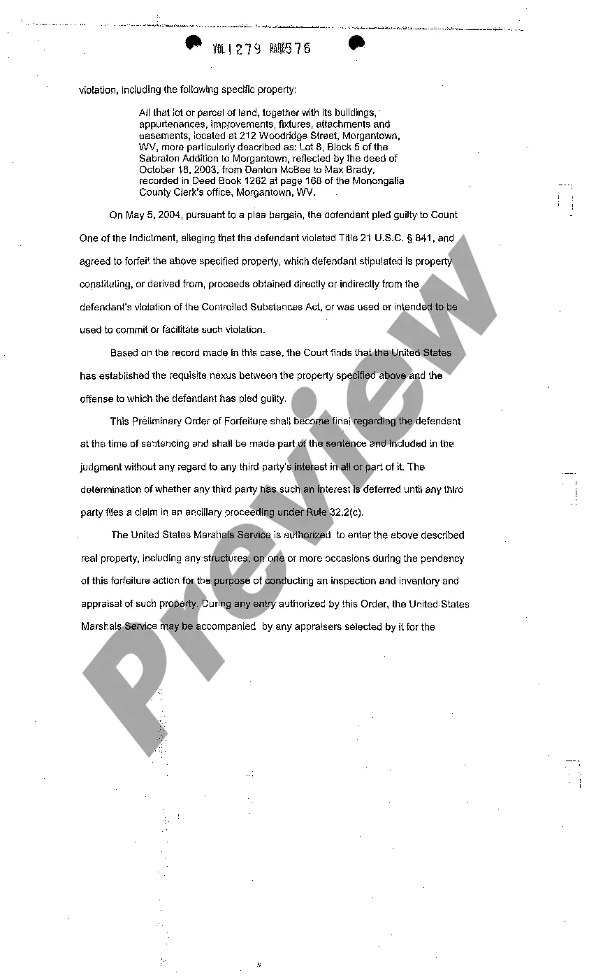 Preview Preliminary Order of Forfeiture of Property to Federal Government Due to Violation of Title 21