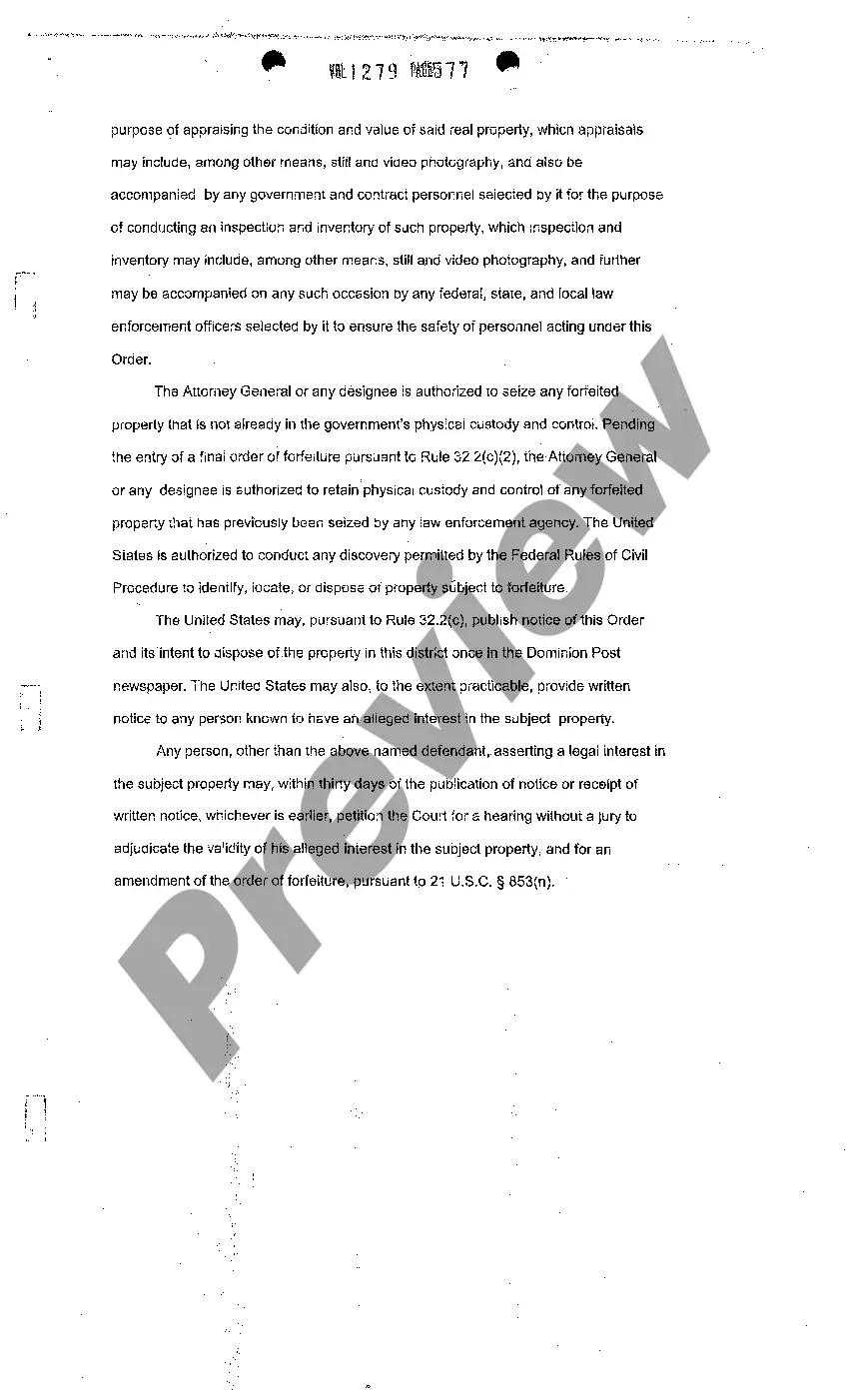 Preview Preliminary Order of Forfeiture of Property to Federal Government Due to Violation of Title 21