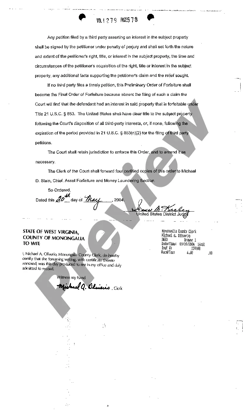 Preview Preliminary Order of Forfeiture of Property to Federal Government Due to Violation of Title 21