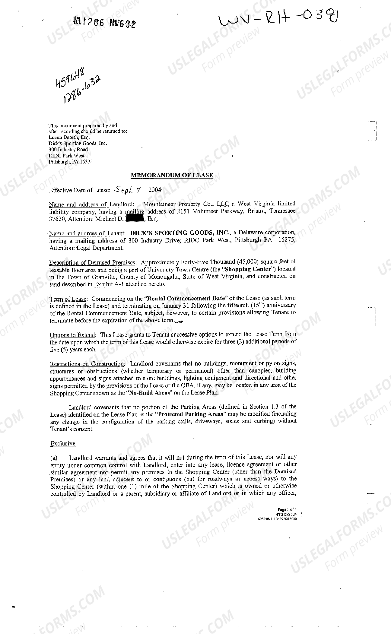 West Virginia Memorandum of Lease of Shopping Center Space to Sporting