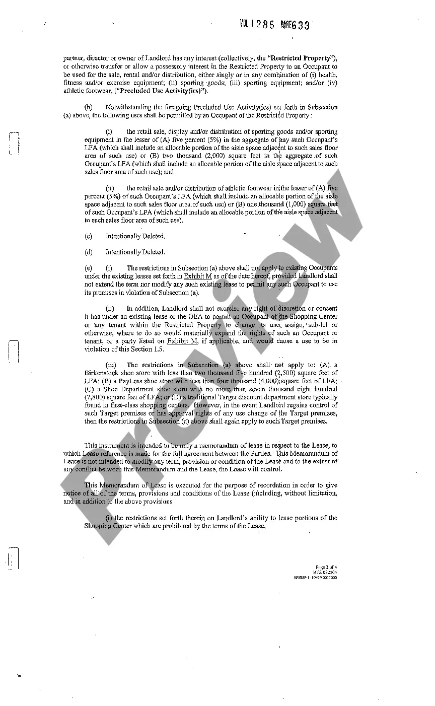 Preview Memorandum of Lease of Shopping Center Space to Sporting Goods Store