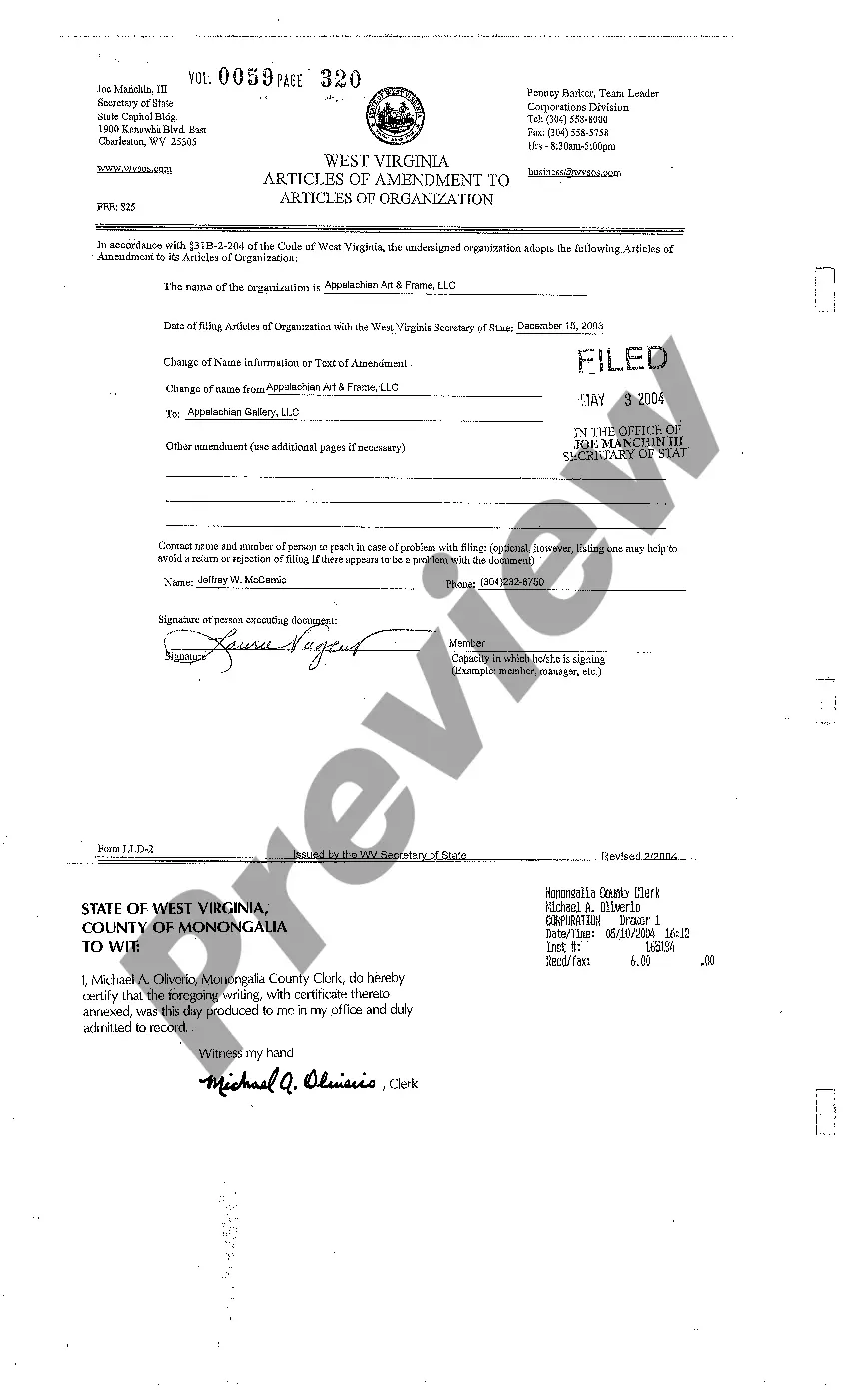 Preview Certificate of Amendment to the Articles of Organization of LLC
