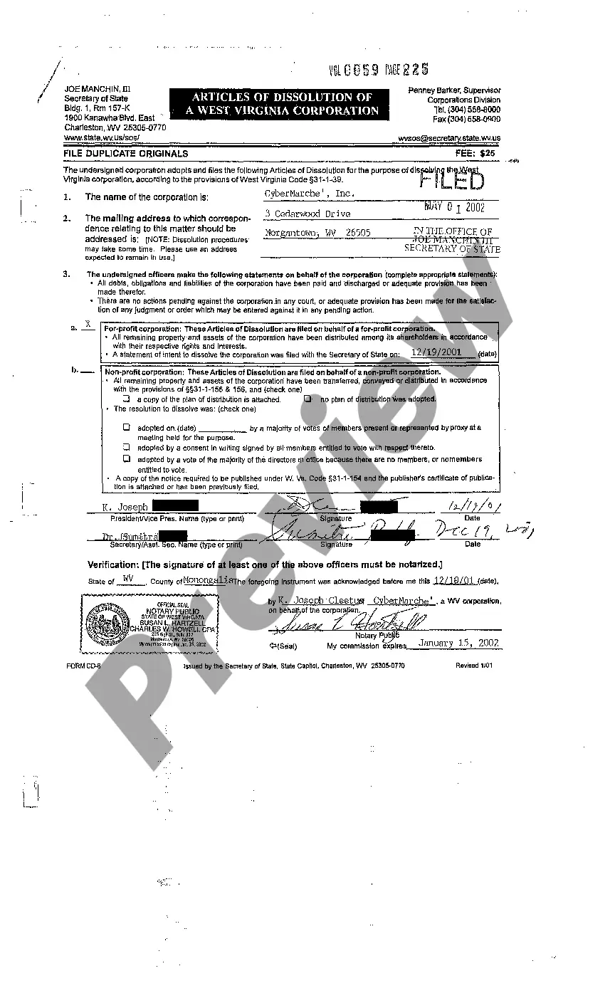 Preview Certificate of Dissolution of Corporation