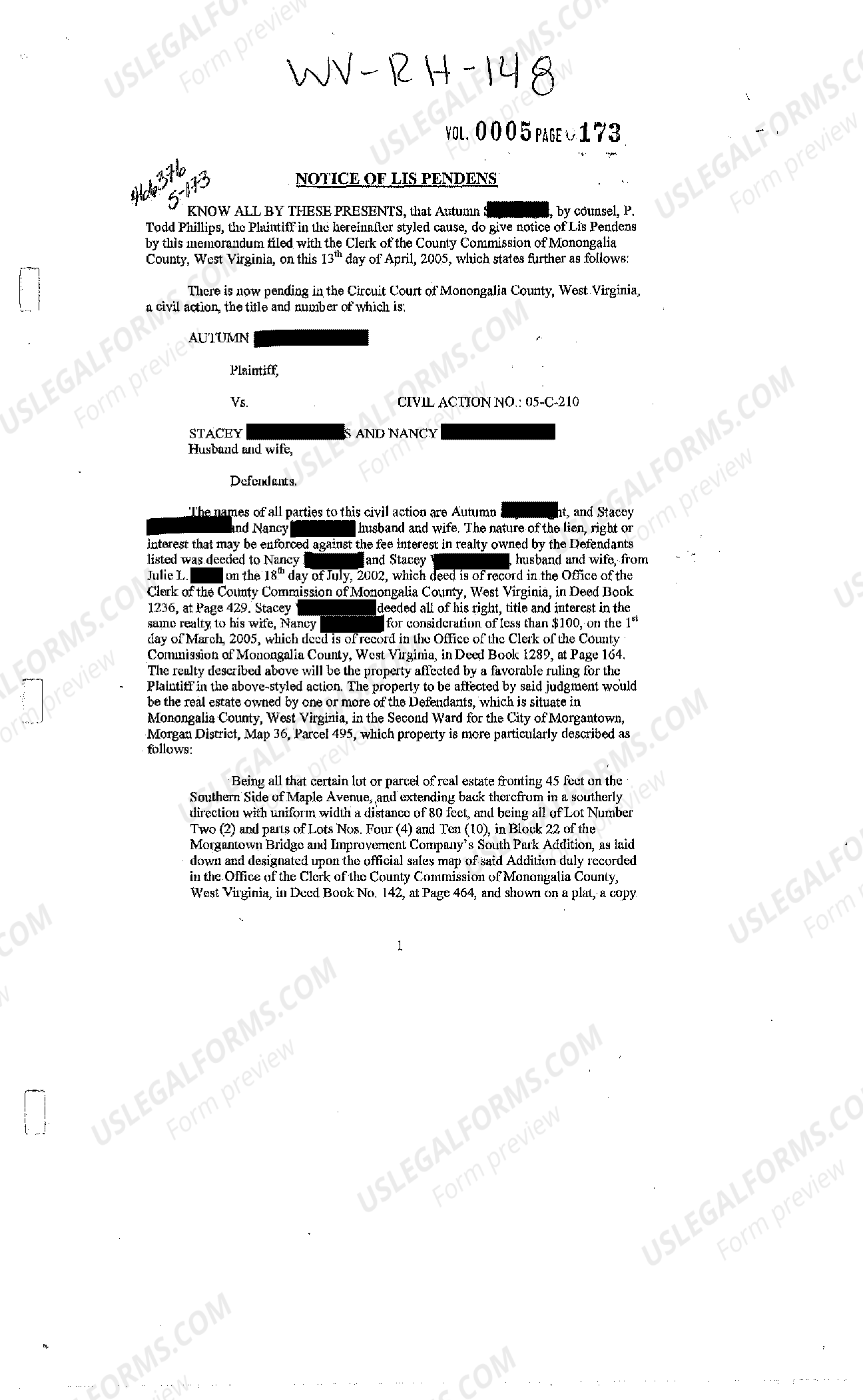 West Virginia Notice of Lis Pendens Lis Pendens Virginia US Legal Forms