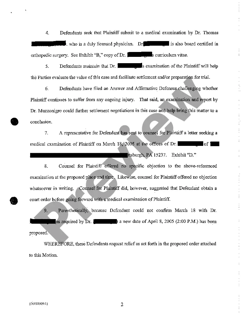 Get A09 Motion for Plaintiff to Submit to Rule 35 Physical Examination Preview A09 Motion for Plaintiff to Submit to Rule 35 Physical Examination
