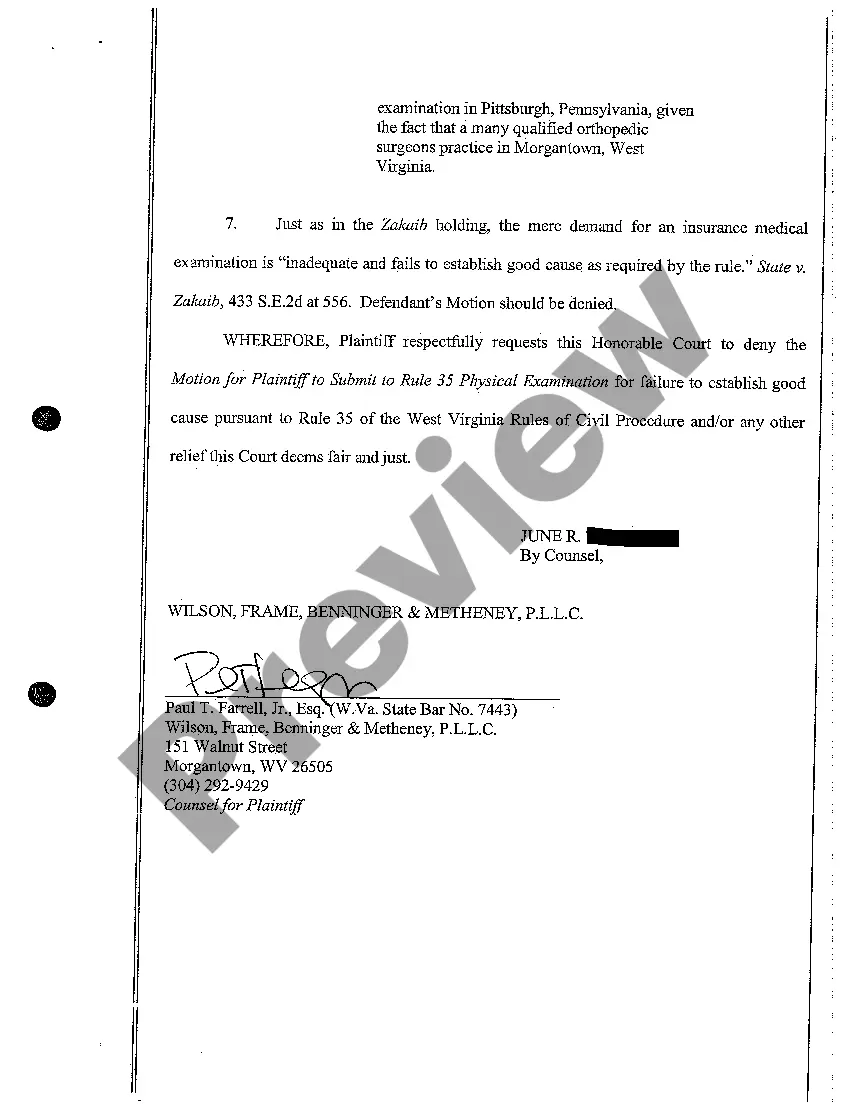 Preview A14 Plaintiff's Response to Defendant's Motion to Compel Independent Medical Exam