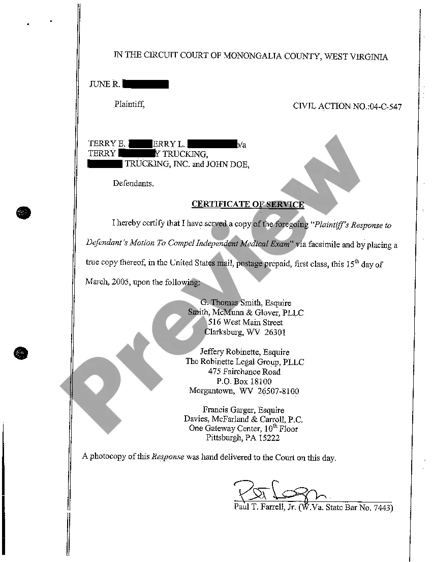 Preview A14 Plaintiff's Response to Defendant's Motion to Compel Independent Medical Exam