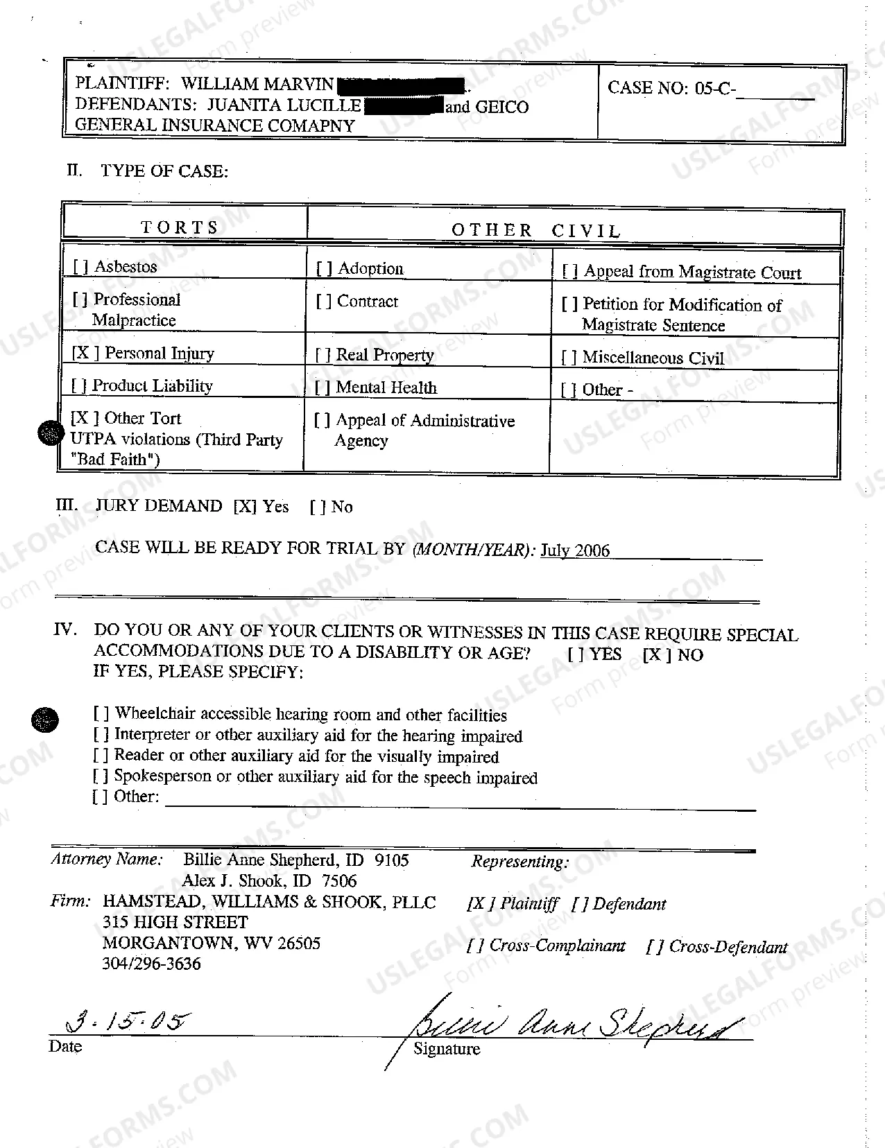 Preview A01 Civil Case Information Statement for Personal Injury