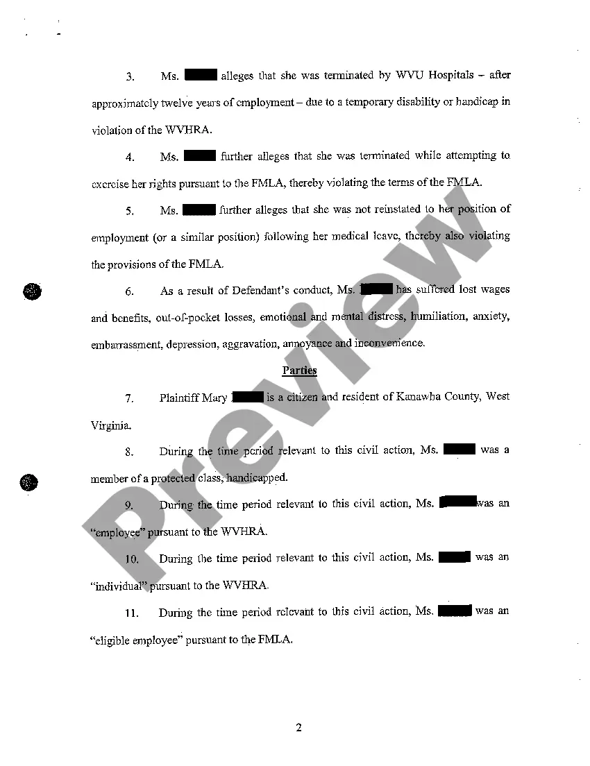 Preview A03 Complaint for Wrongful Termination Due to Temporary Leave of Absence for Postpartum Depression