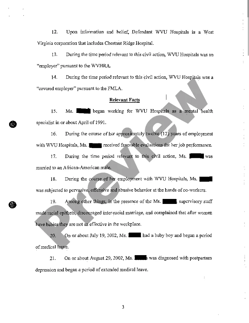 Preview A03 Complaint for Wrongful Termination Due to Temporary Leave of Absence for Postpartum Depression