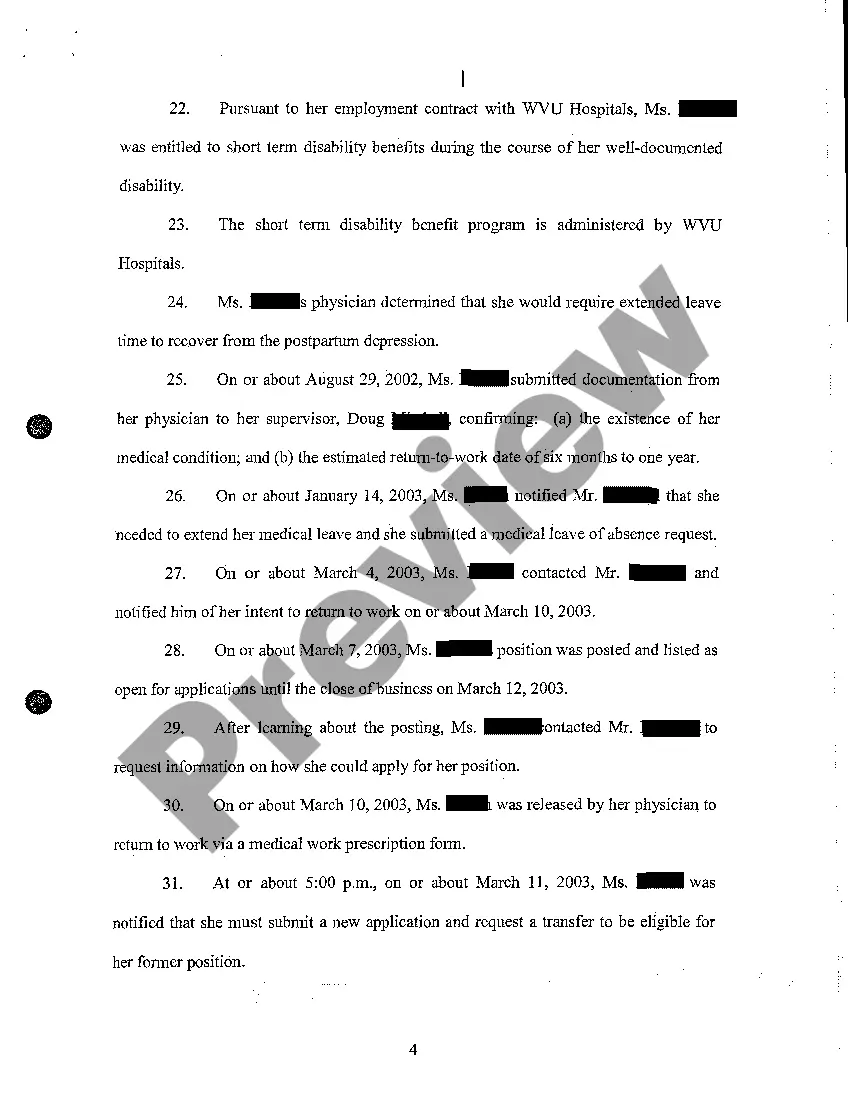 Preview A03 Complaint for Wrongful Termination Due to Temporary Leave of Absence for Postpartum Depression