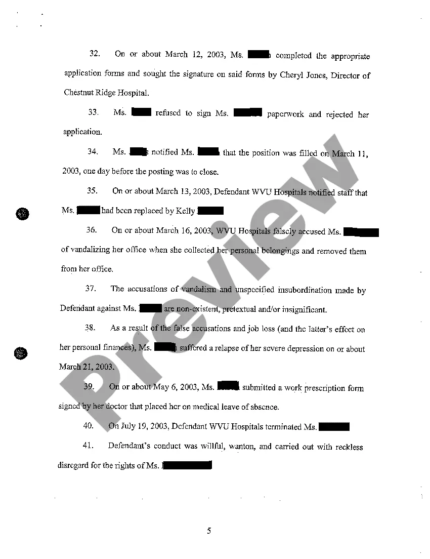 Preview A03 Complaint for Wrongful Termination Due to Temporary Leave of Absence for Postpartum Depression