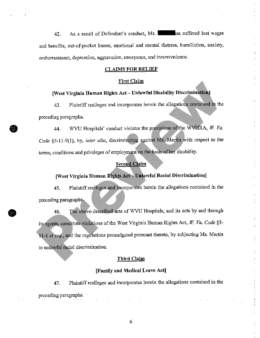 Preview A03 Complaint for Wrongful Termination Due to Temporary Leave of Absence for Postpartum Depression