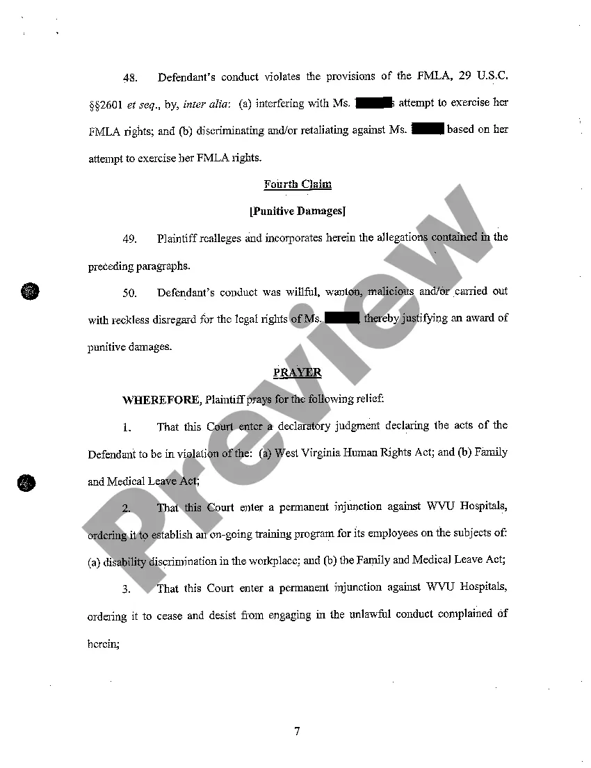 Preview A03 Complaint for Wrongful Termination Due to Temporary Leave of Absence for Postpartum Depression