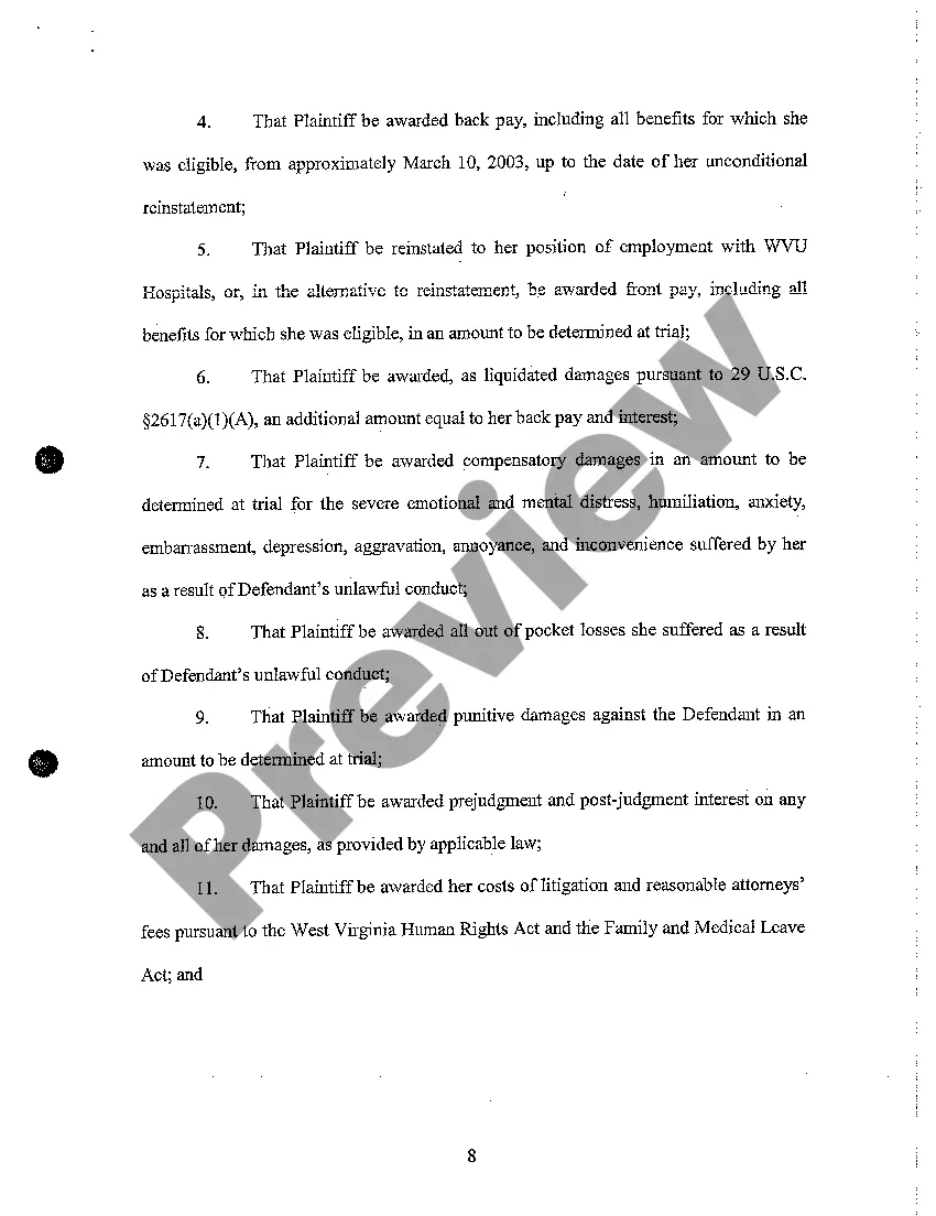 Preview A03 Complaint for Wrongful Termination Due to Temporary Leave of Absence for Postpartum Depression