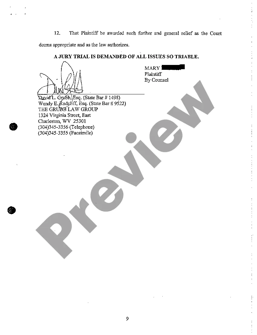 Preview A03 Complaint for Wrongful Termination Due to Temporary Leave of Absence for Postpartum Depression