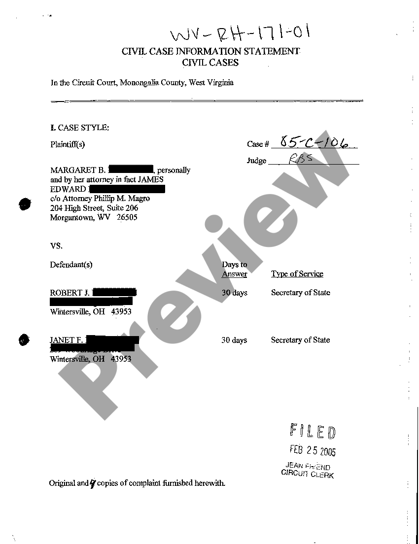 West Virginia Civil Case Information Statement regarding Real Property