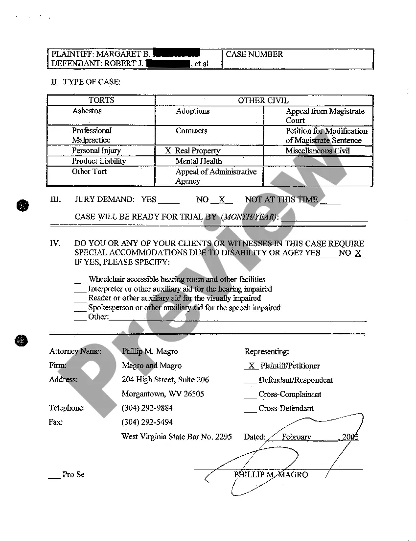 Get A01 Civil Case Information Statement regarding Real Property Preview A01 Civil Case Information Statement regarding Real Property