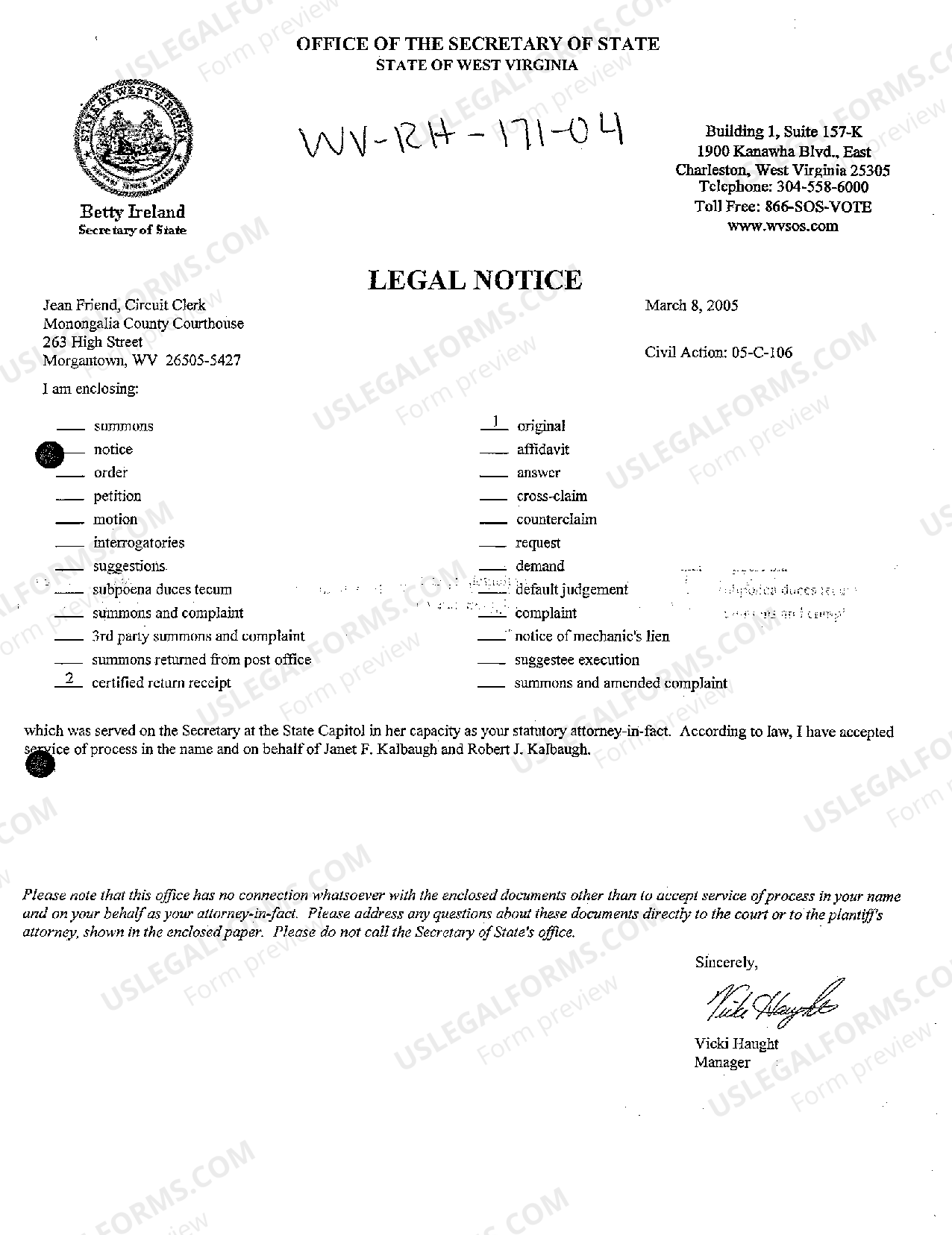 West Virginia Legal Notice of Service US Legal Forms