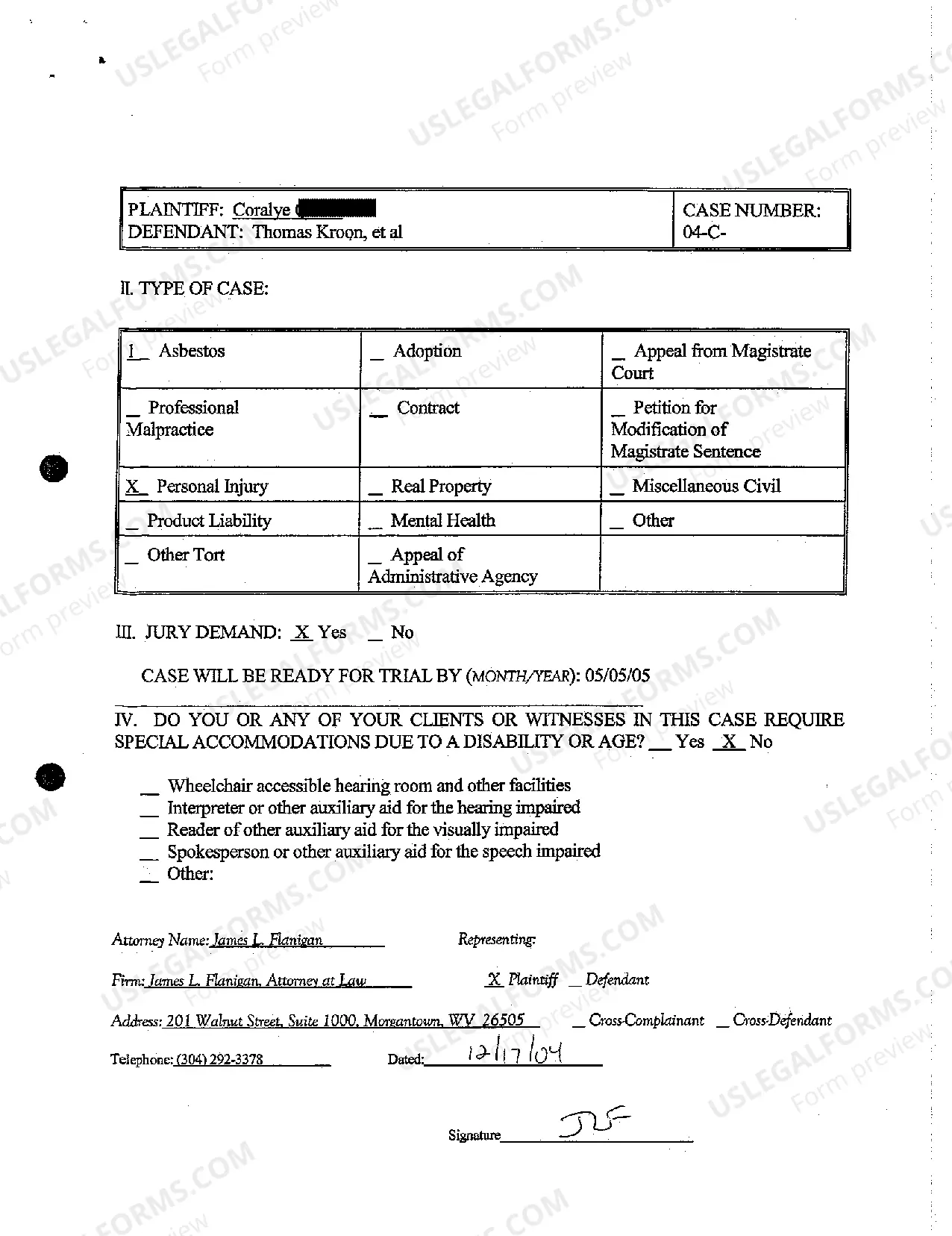 Preview A01 Civil Case Information Statement for Personal Injury