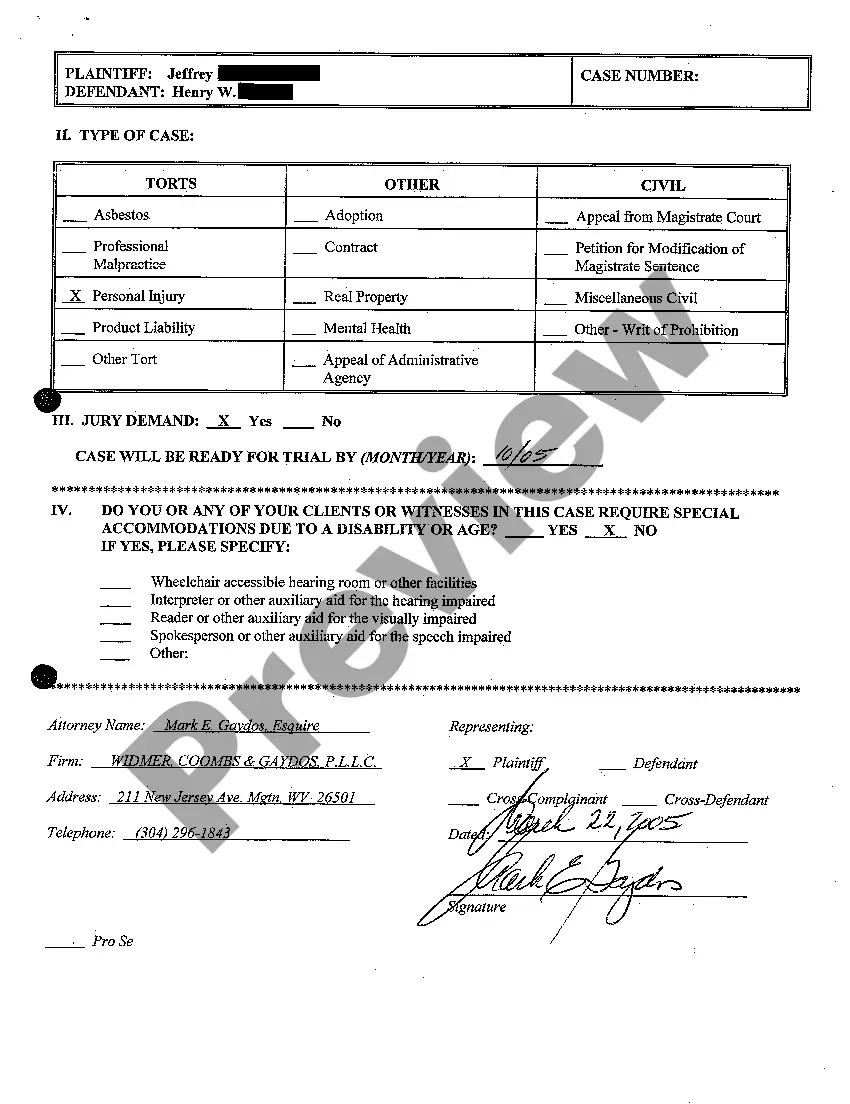 Preview A01 Civil Case Information Statement regarding Personal Injury Due to Dog Bite