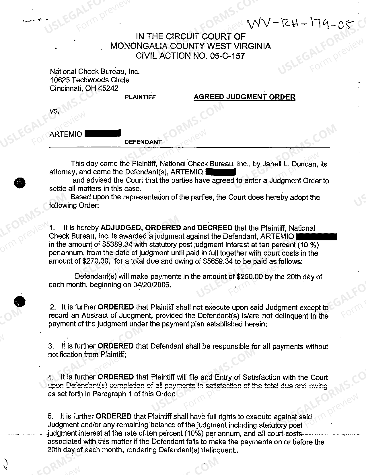 West Virginia Agreed Judgment Order that Defendant Make Payments | US ...