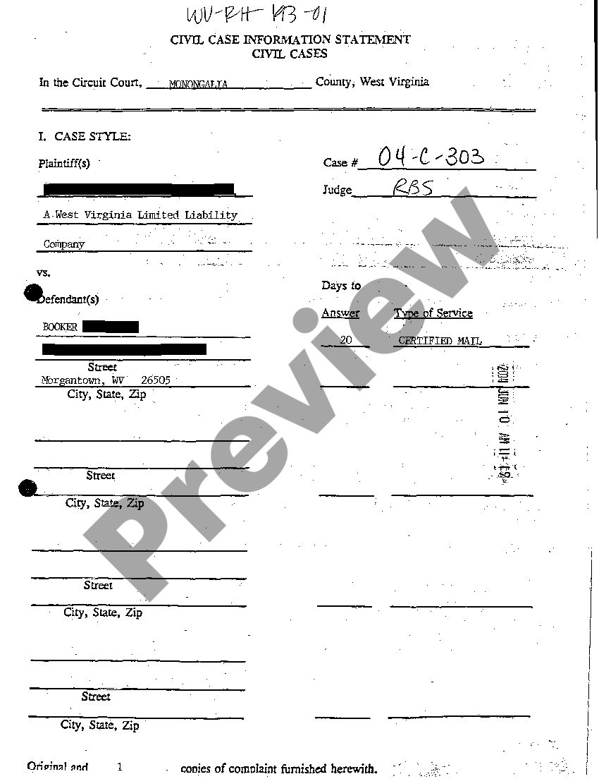 West Virginia Civil Case Information Statement US Legal Forms