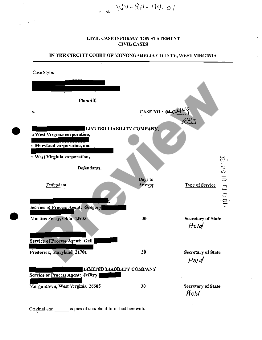 West Virginia Civil Case Information Statement US Legal Forms