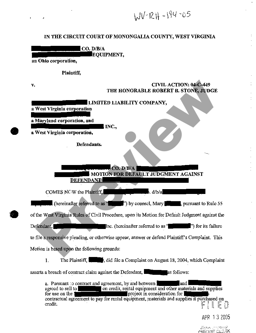 West Virginia Motion for Default Judgment Against Defendant US Legal