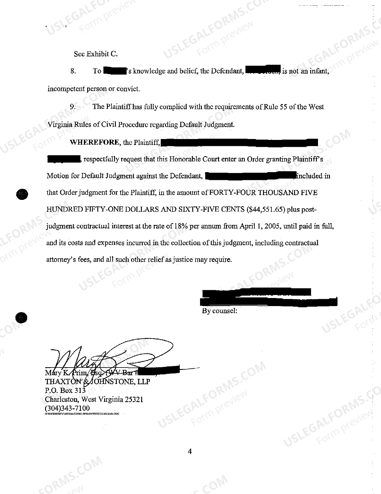 West Virginia Motion for Default Judgment Against Defendant US Legal