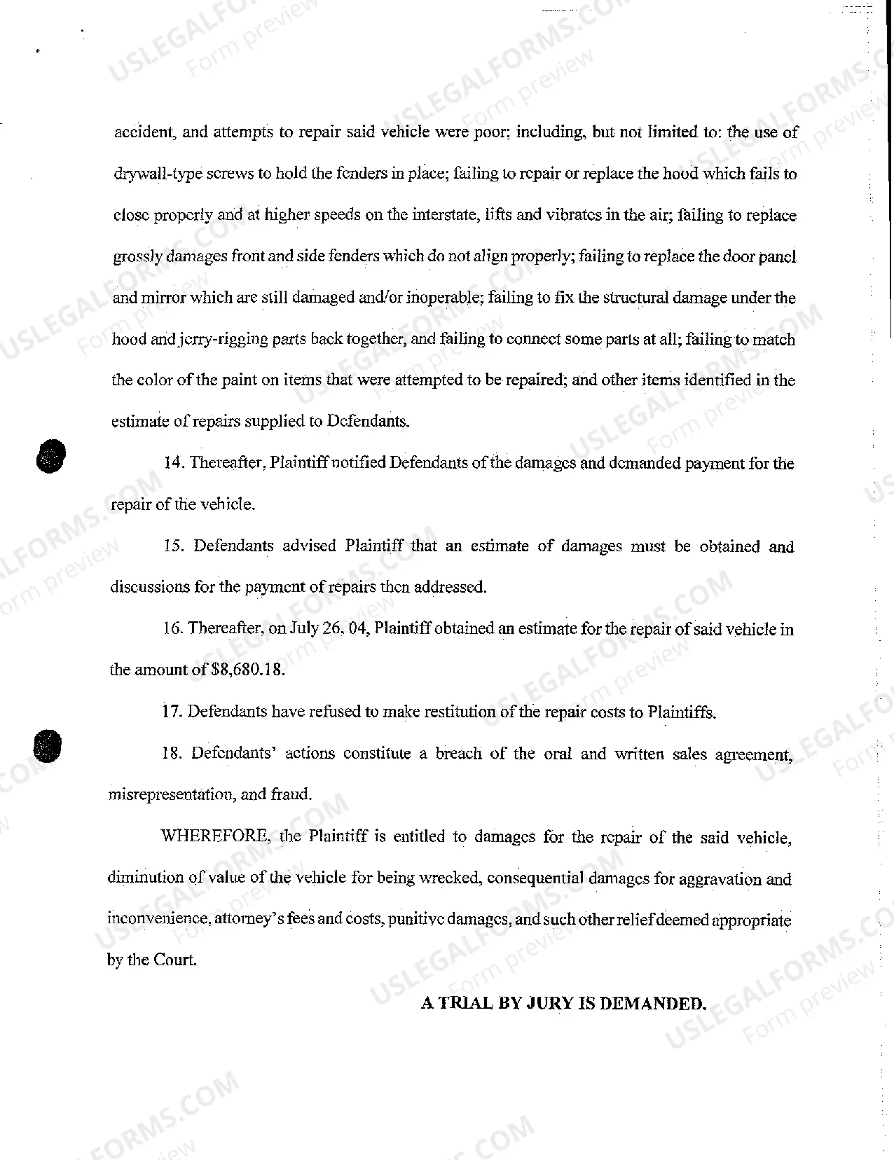 Preview A02 Compliant for Breach of Warranty and Misrepresentation