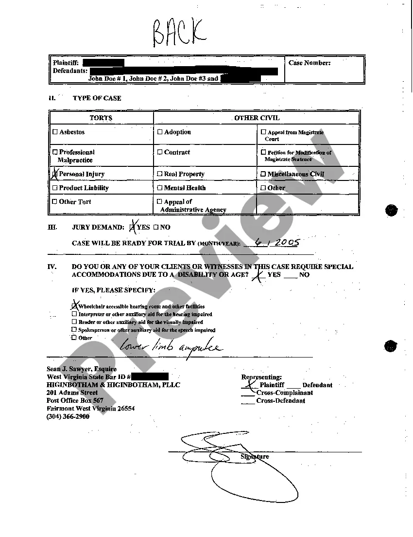 Preview A01 Civil Case Information Statement