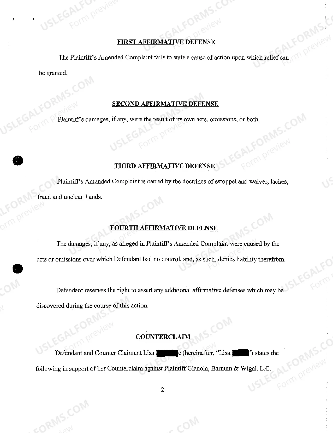 Preview A07 Defendant's Answer to Amended Complaint and Counterclaim