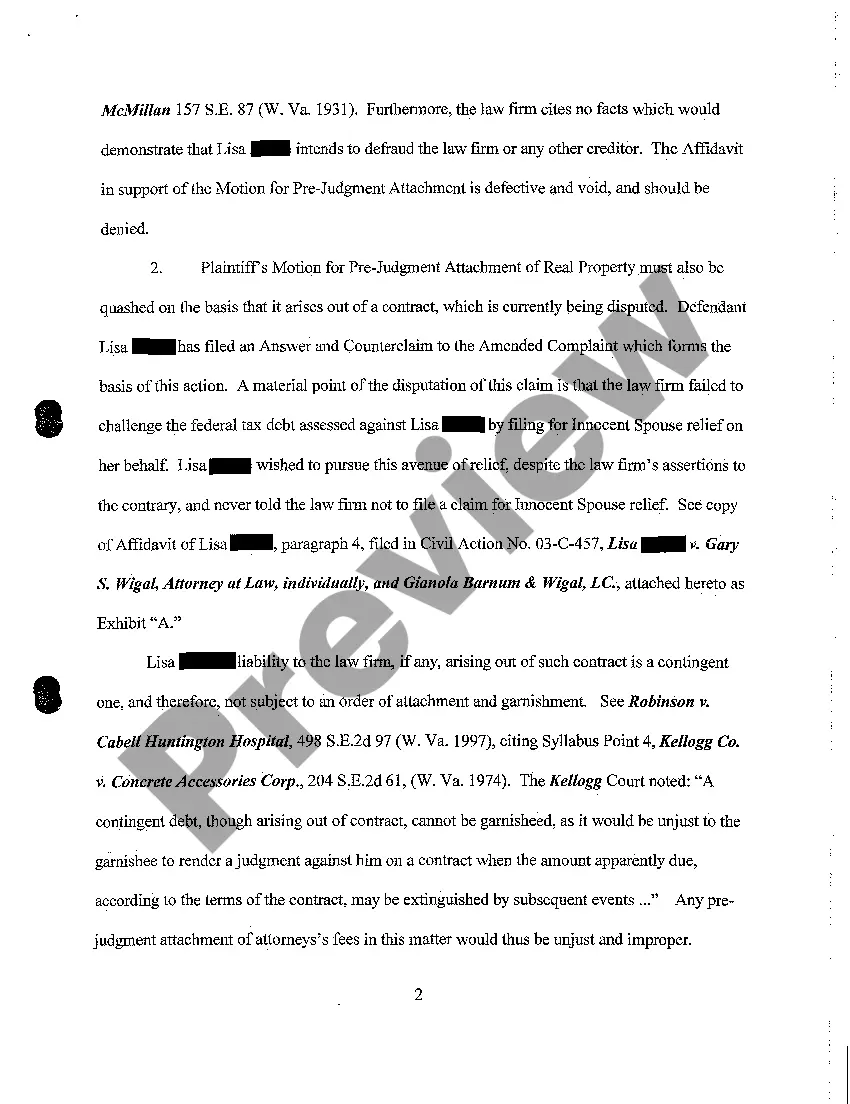 Get A08 Defendant's Motion to Quash Motion for Pre Judgment Attachment of Real Property Preview A08 Defendant's Motion to Quash Motion for Pre Judgment Attachment of Real Property