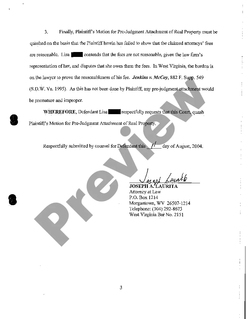 Get A08 Defendant's Motion to Quash Motion for Pre Judgment Attachment of Real Property Preview A08 Defendant's Motion to Quash Motion for Pre Judgment Attachment of Real Property