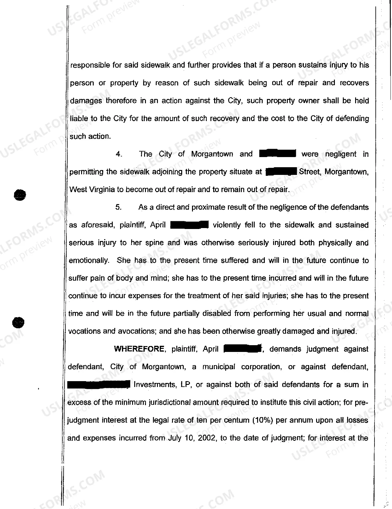 Preview A01 Complaint for Personal Injury Fall on Sidewalk