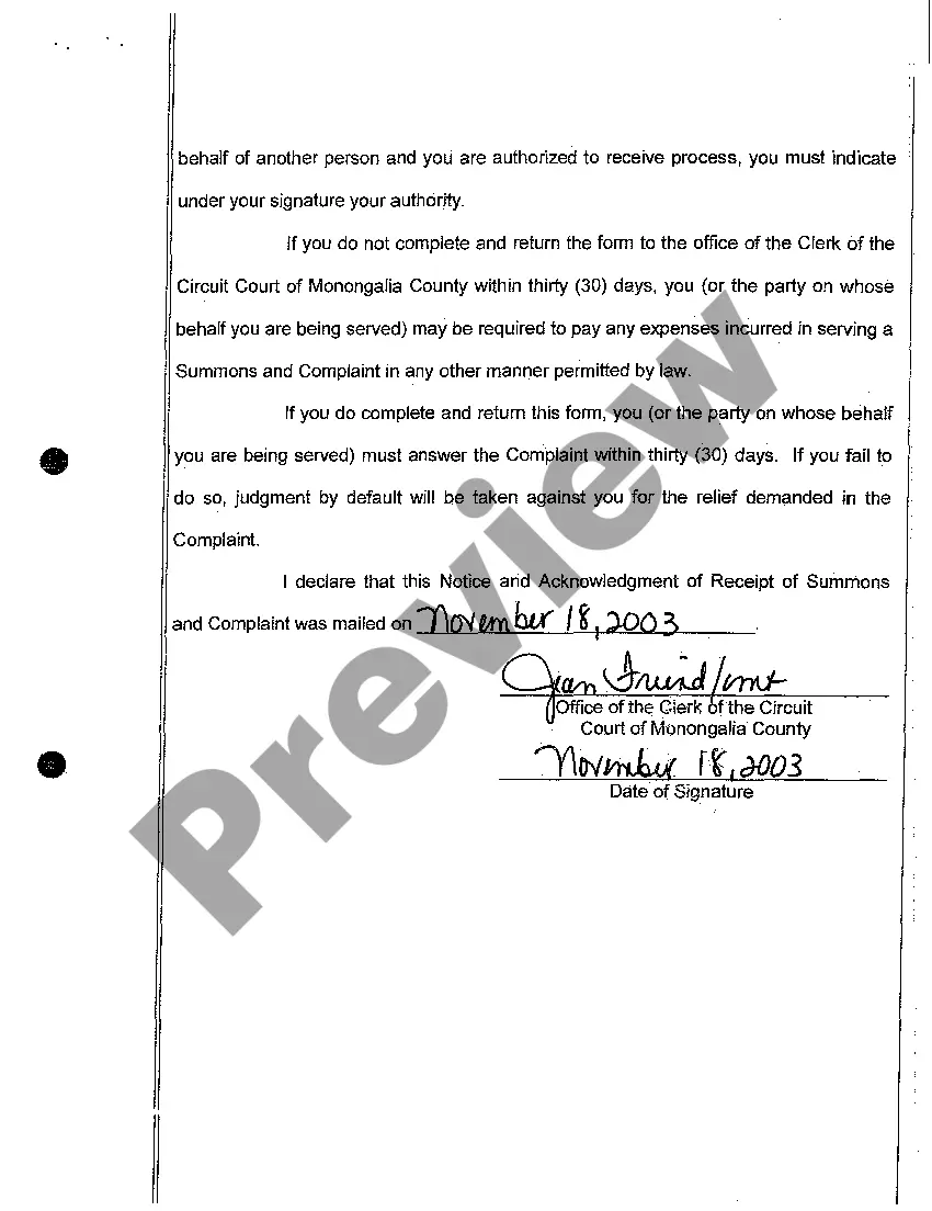 Preview A03 Notice and Acknowledgment of Receipt of Summons and Complaint