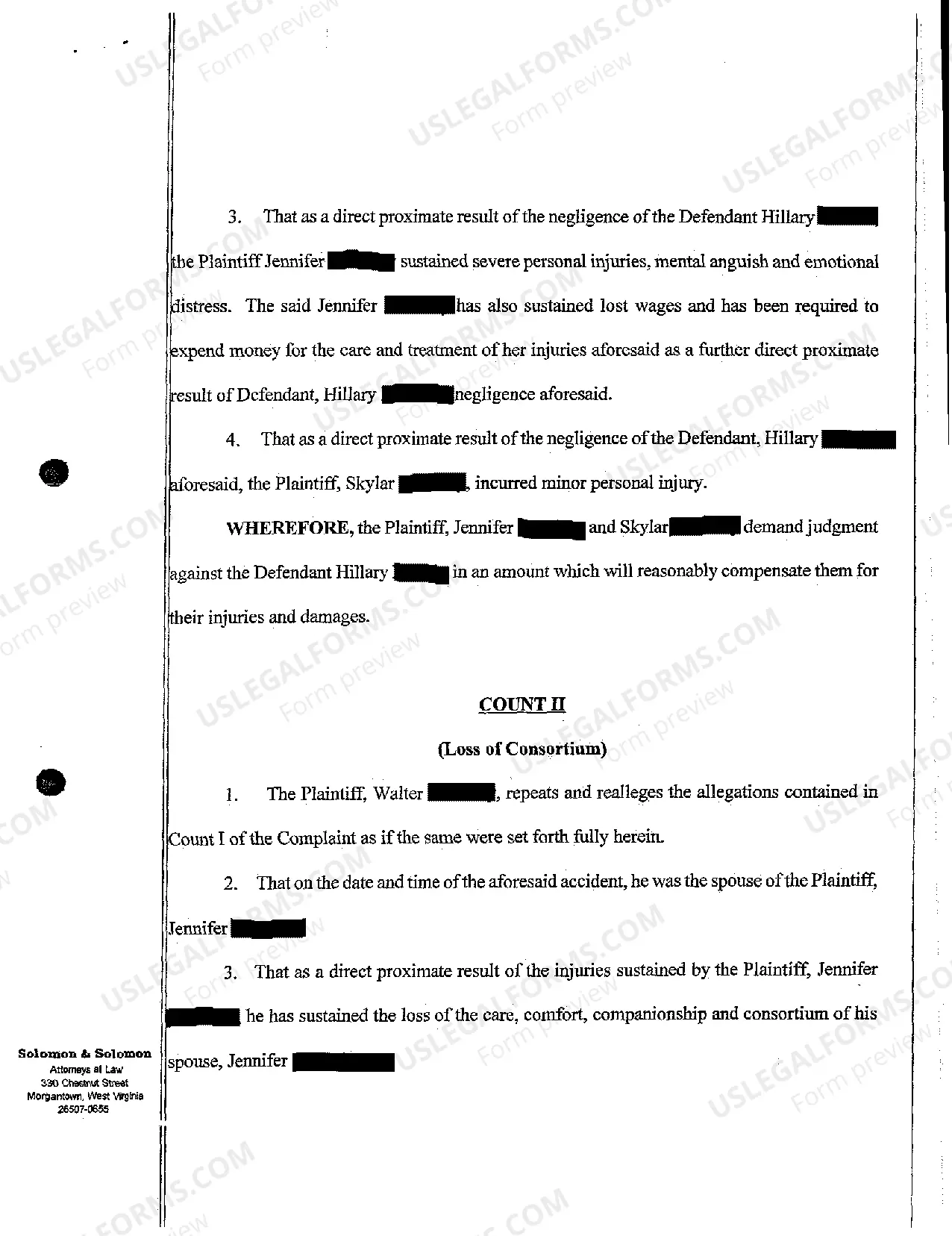 Preview A01 Complaint for Damages and Loss of Consortium regarding Automobile Accident