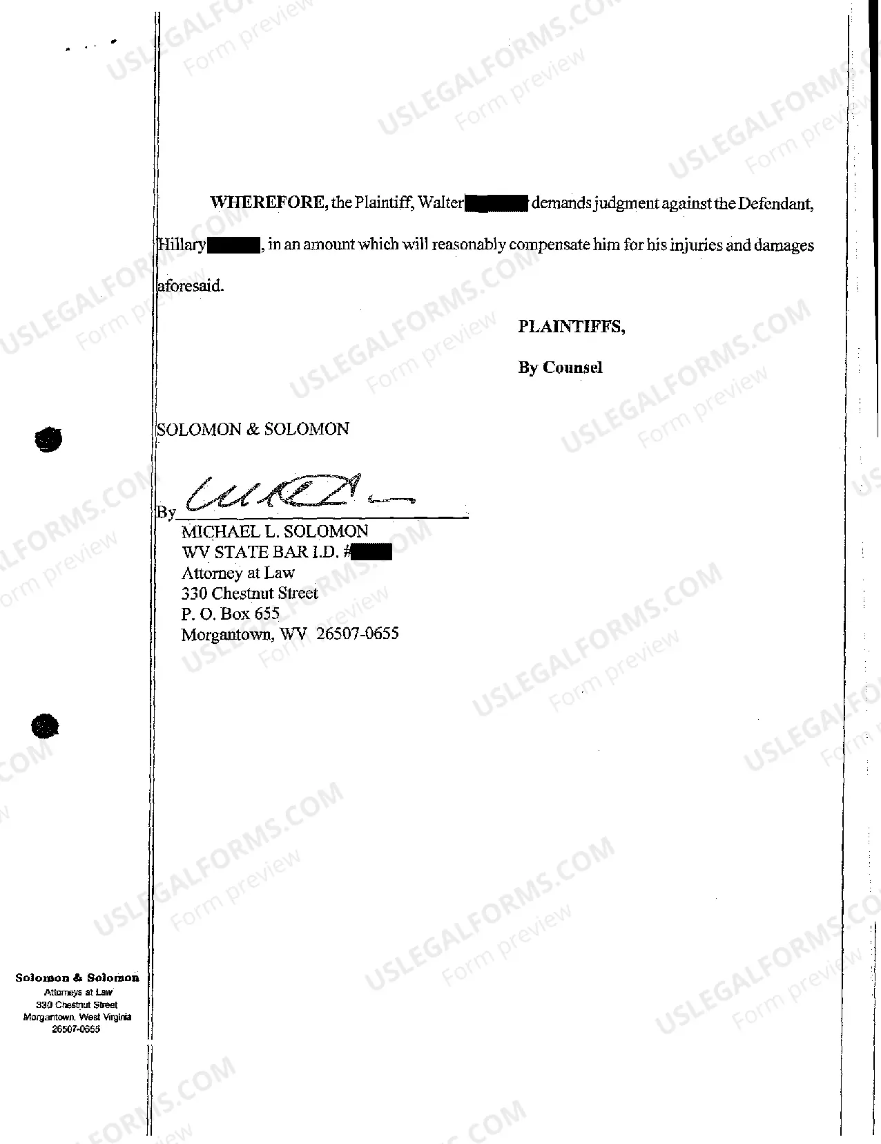 Preview A01 Complaint for Damages and Loss of Consortium regarding Automobile Accident