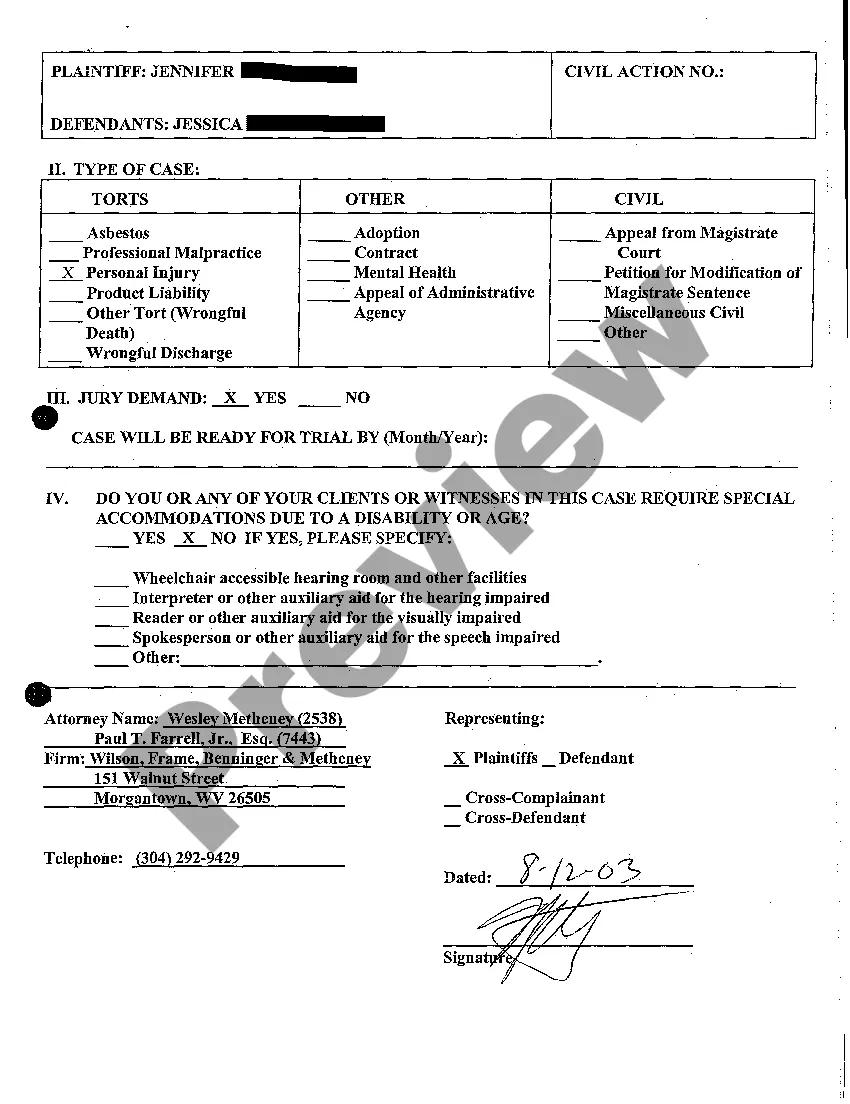 Preview A01 Civil Case Information Statement
