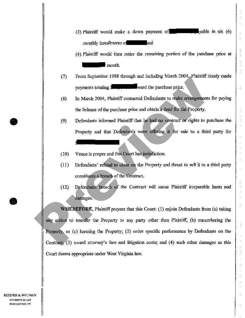 Preview A02 Complaint for Injunction and Specific Performance of Real Estate Sale Contract