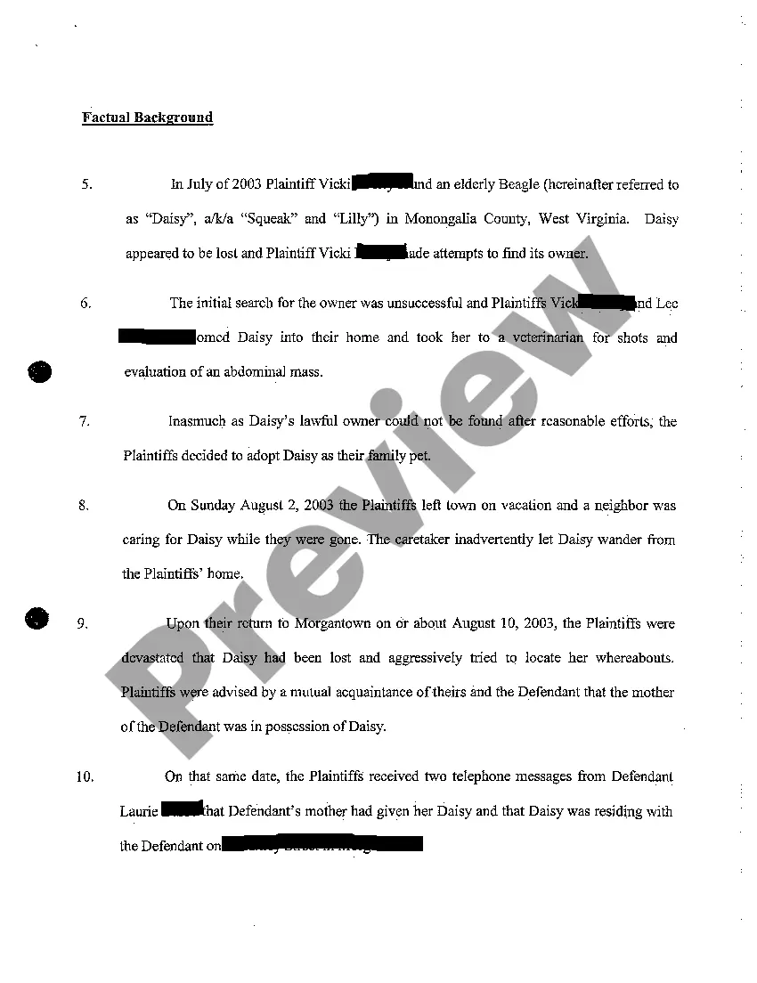 Preview A01 Complaint for Conversion of Chattel Lost Dog