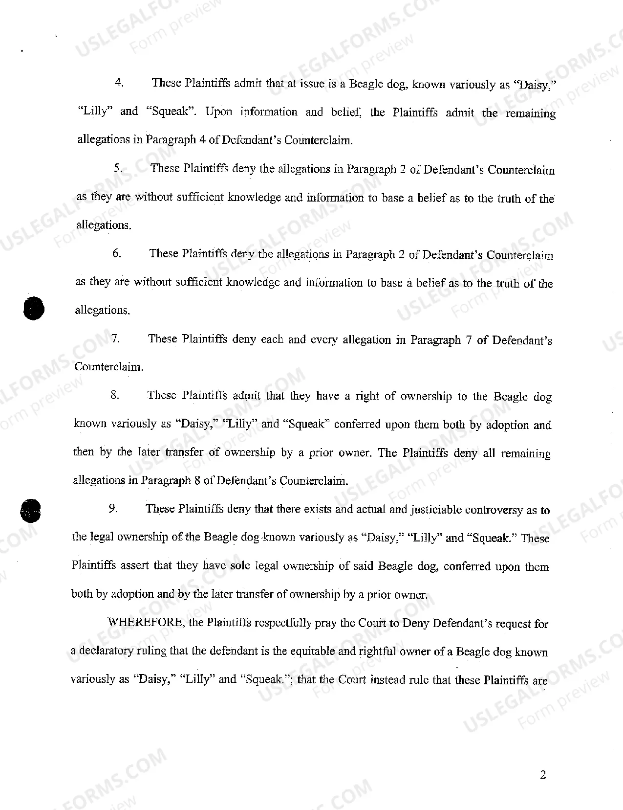 Preview A09 Plaintiff's Answer to Defendant's Counterclaim for Declaratory Relief