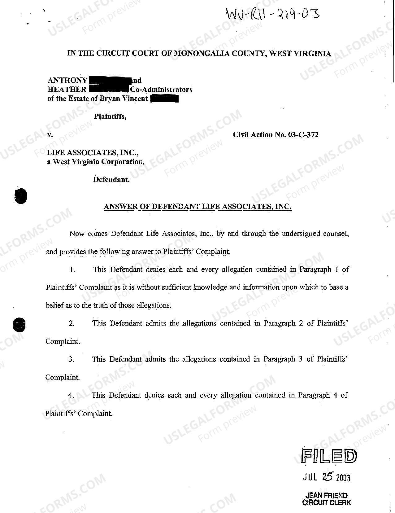 West Virginia Answer of Defendant | US Legal Forms