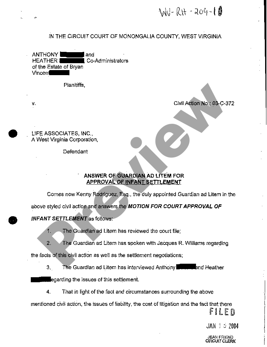 West Virginia Answer of Guardian Ad Litem for Approval of Infant