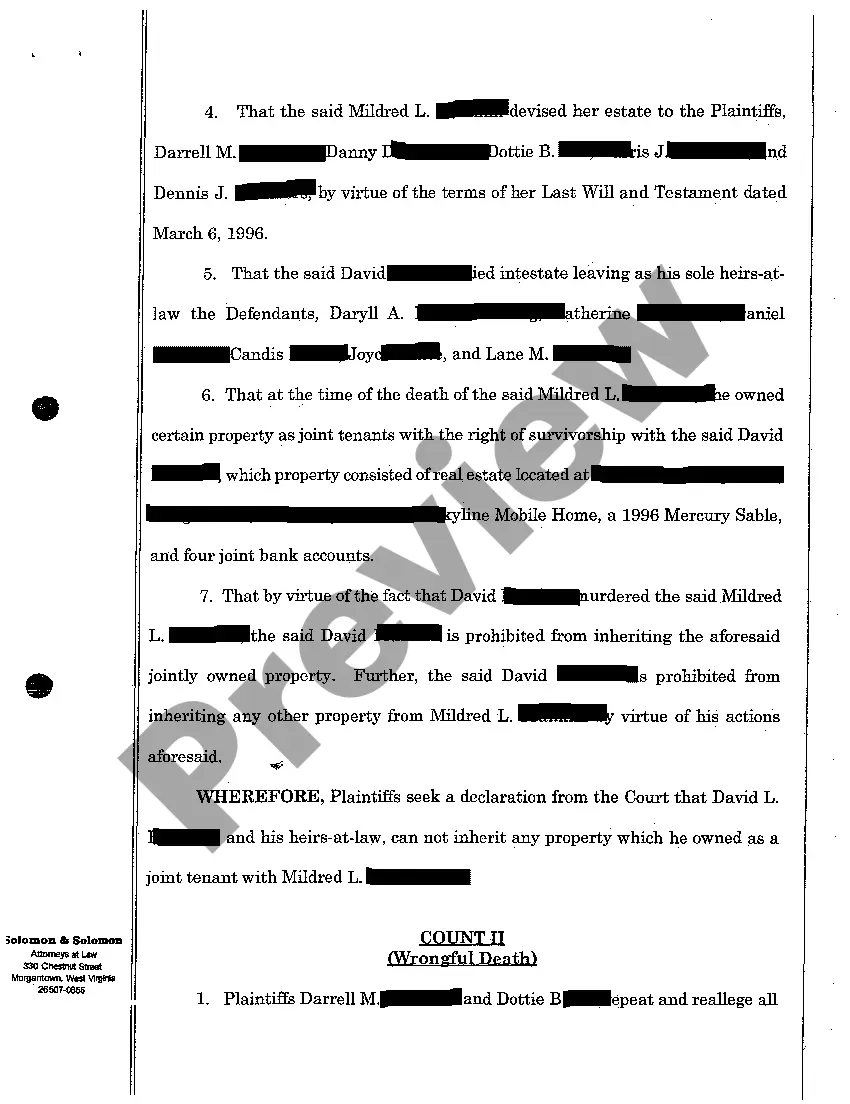 Preview A02 Complaint for Wrongful Death regarding Murder