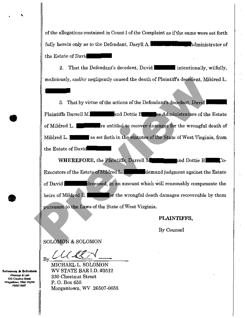 Preview A02 Complaint for Wrongful Death regarding Murder